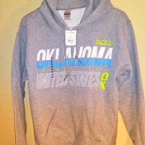Gildan Heavy Blend Hooded Sweatshirt Small grey W/ white, blue, green letters